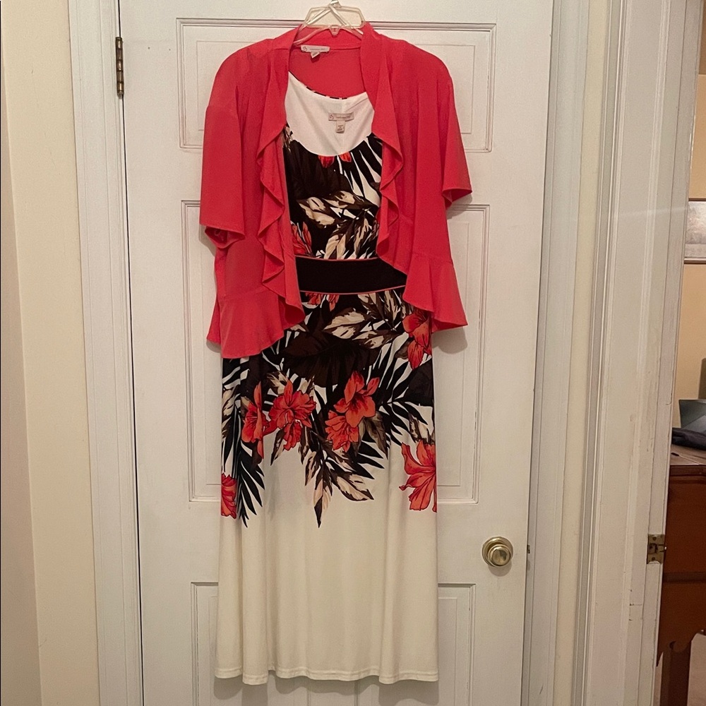 Floral Midi Dress + Coral Ruffle Cardigan Set | Tropical Print | Vacation Ready